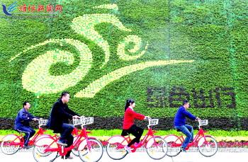市民騎公共自行車(chē)路過(guò)市人民廣場(chǎng)一處花壇。記者 張馳
